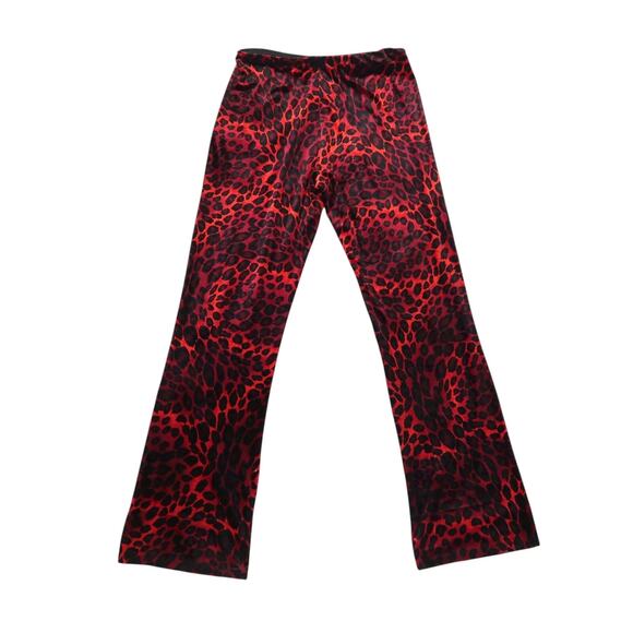 Vintage 90s Rave City Red and Black Leopard Print Velvet Flare Pants XL - Picture 1 of 5